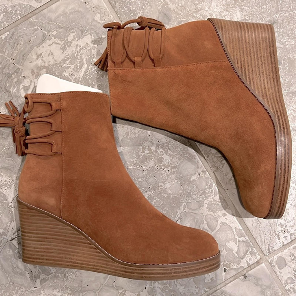 Jack Rogers Banbury Suede Wedge Booties in Camel, Size 9 New in Box $178