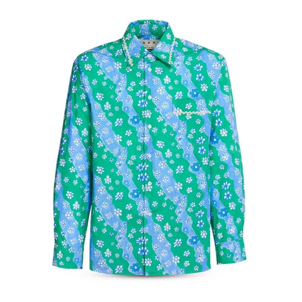 Marni Printed Button Up Shirt in Green/Blue, Size 46, New w/Tag