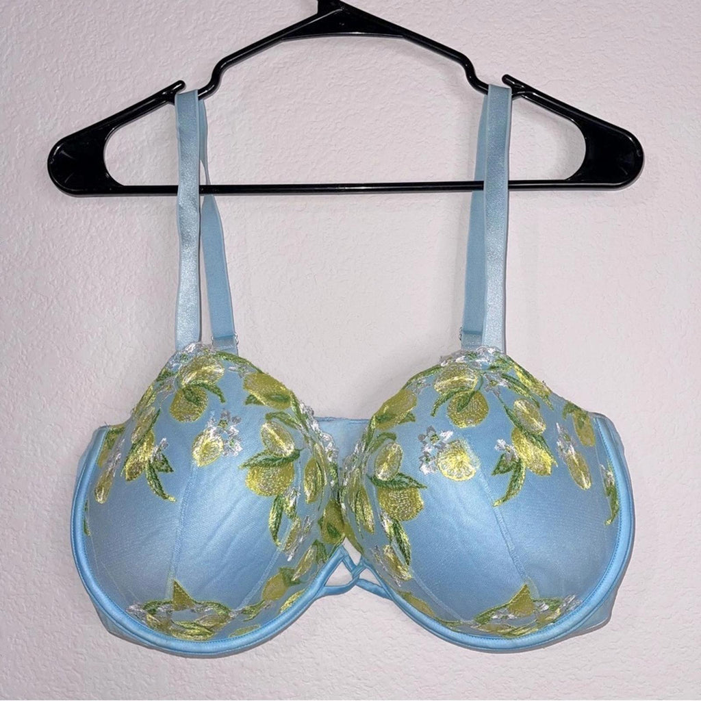 Victoria's Secret Dream Angels Lemon Embroidery Demi Bra in Blue Size 38DDD