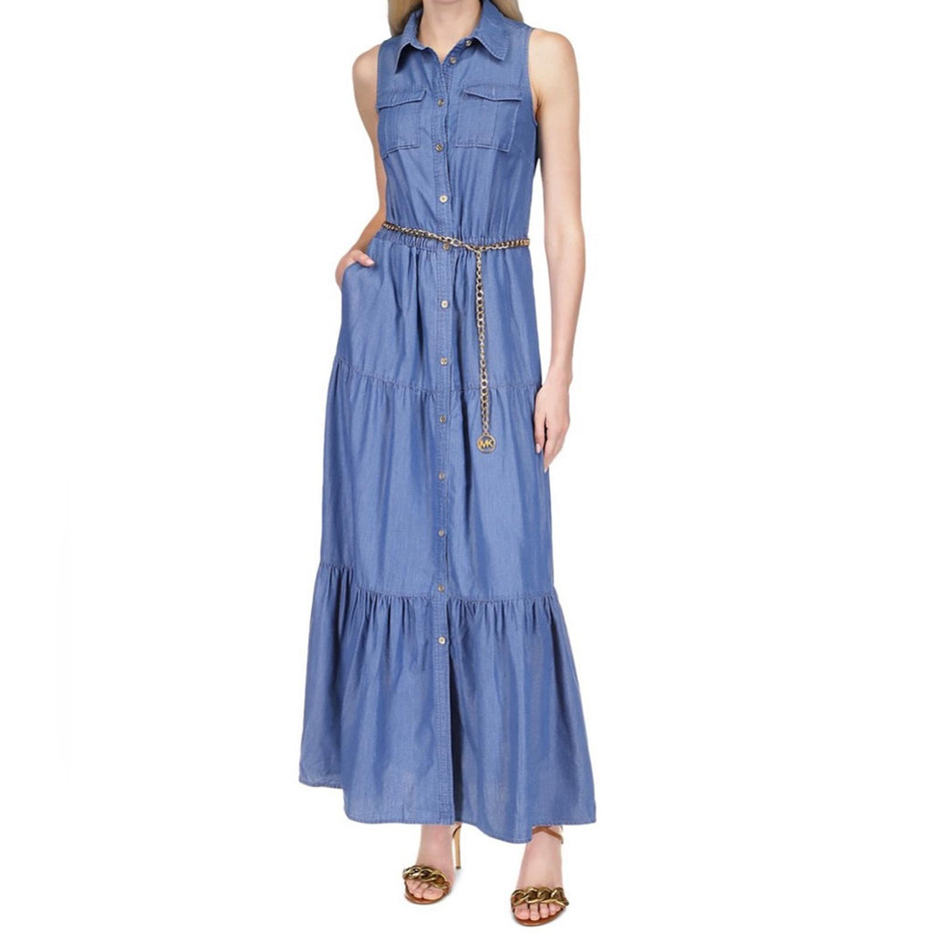 Michael Kors Chambray Tiered Ankle Dress in Light Cadet Wash, Size XS NWT $195