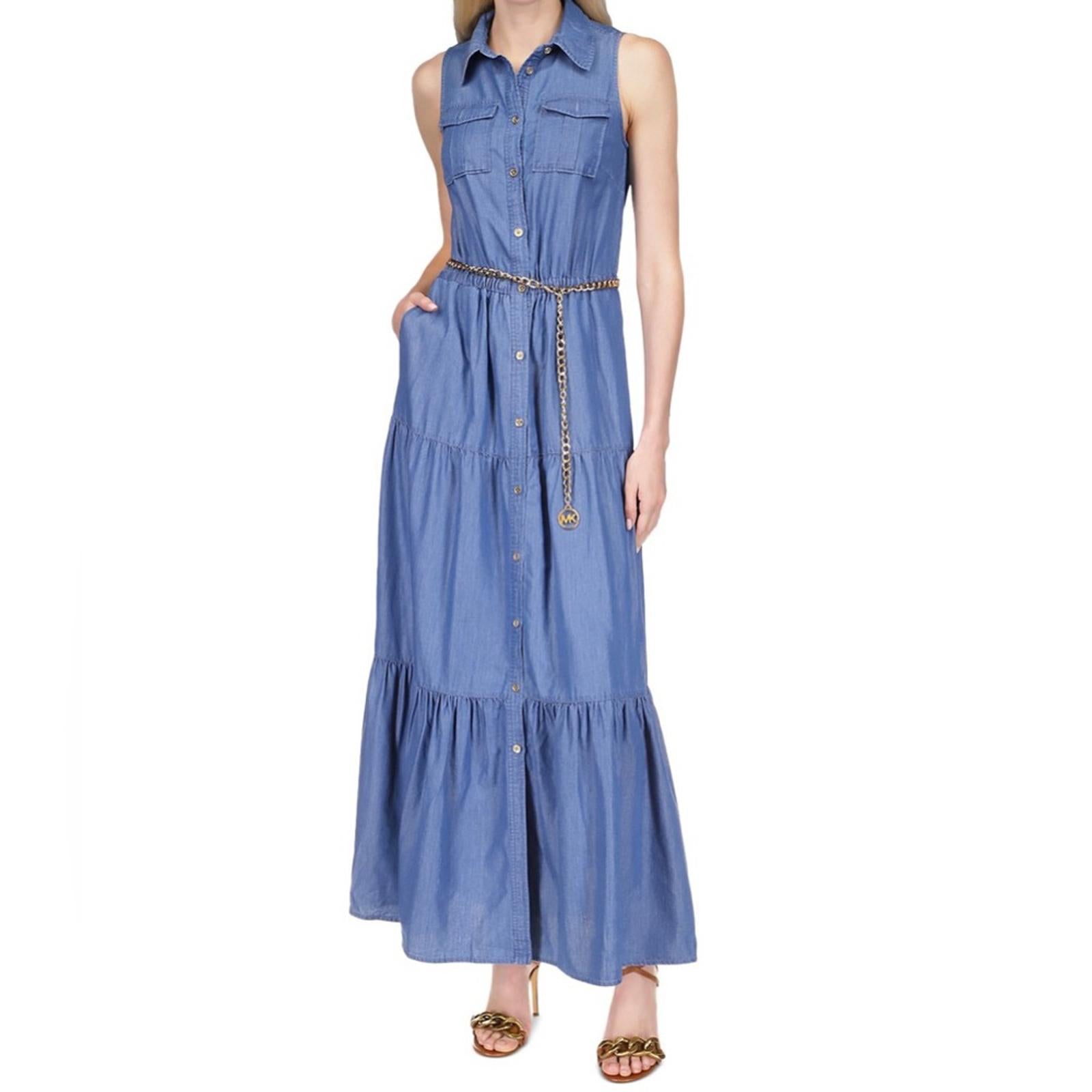 Michael Kors Chambray Tiered Ankle Dress in Light Cadet Wash, Size XS NWT $195