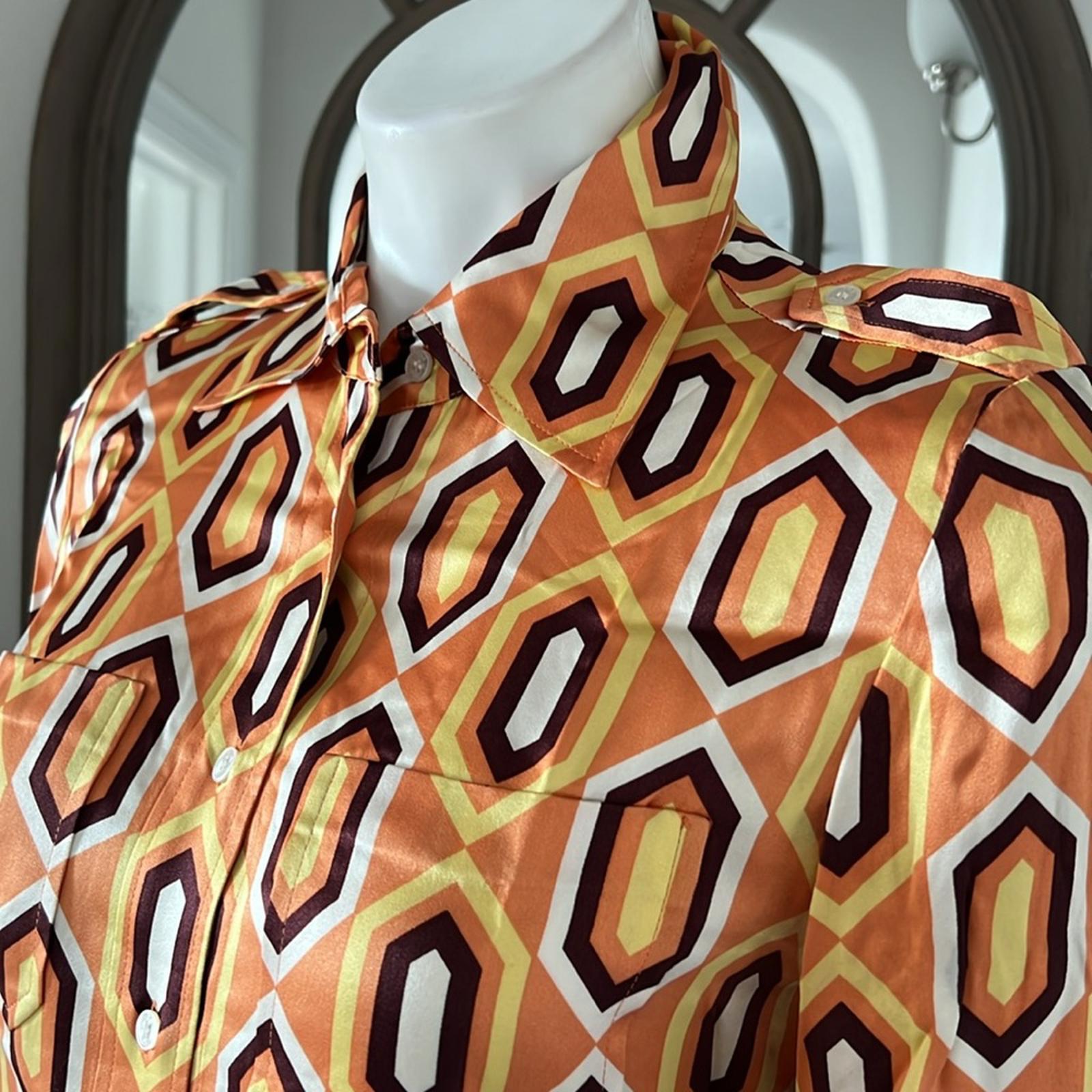 Tory Burch Silk Button Up Shirt in Orange Multi Size 6 EXCELLENT!