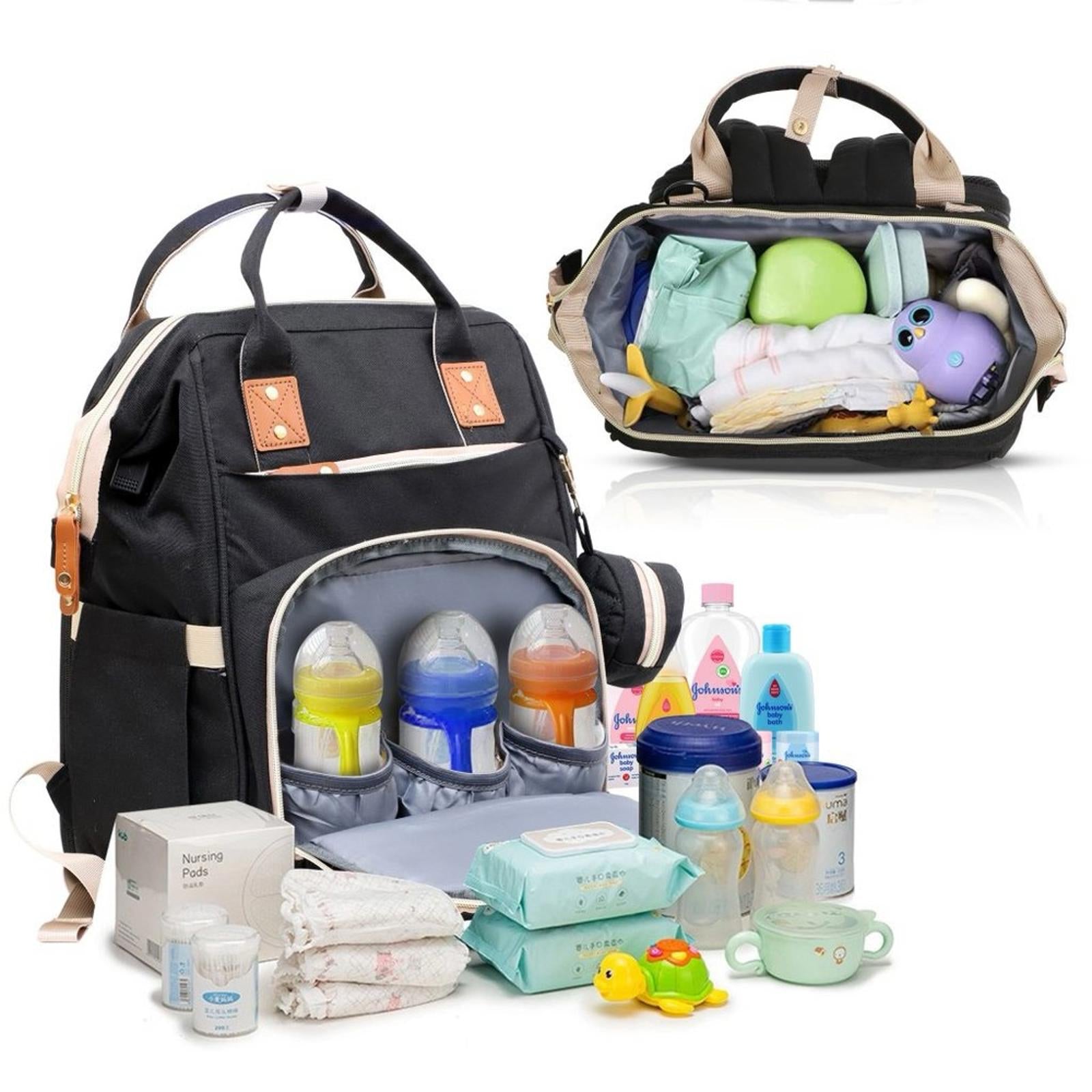 Akshomz Diaper Bag Backpack with Changing Station – Black Tan – New