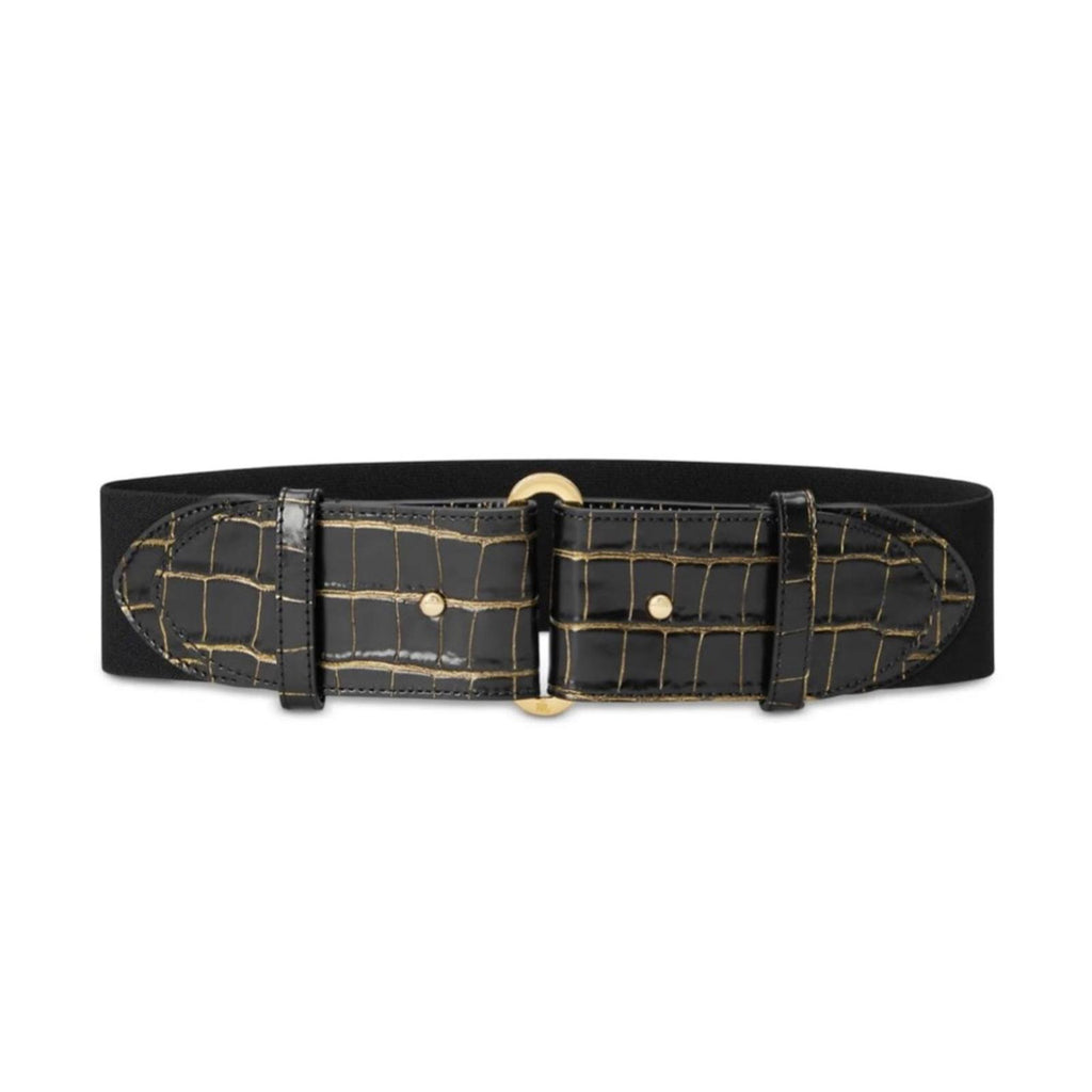 Ralph Lauren Embossed Leather Tab-Stretch Wide Belt Black/Gold NWT Sold Out!