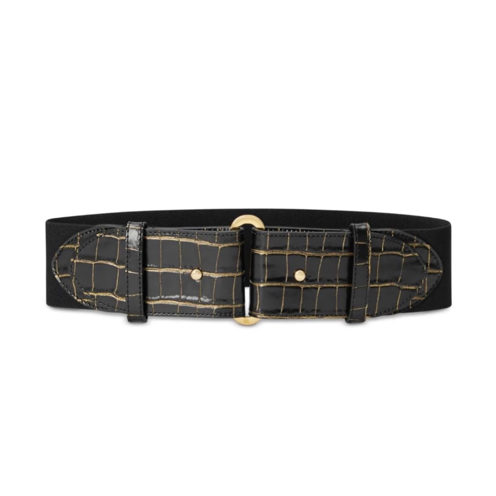Ralph Lauren Embossed Leather Tab-Stretch Wide Belt Black/Gold NWT Sold Out!