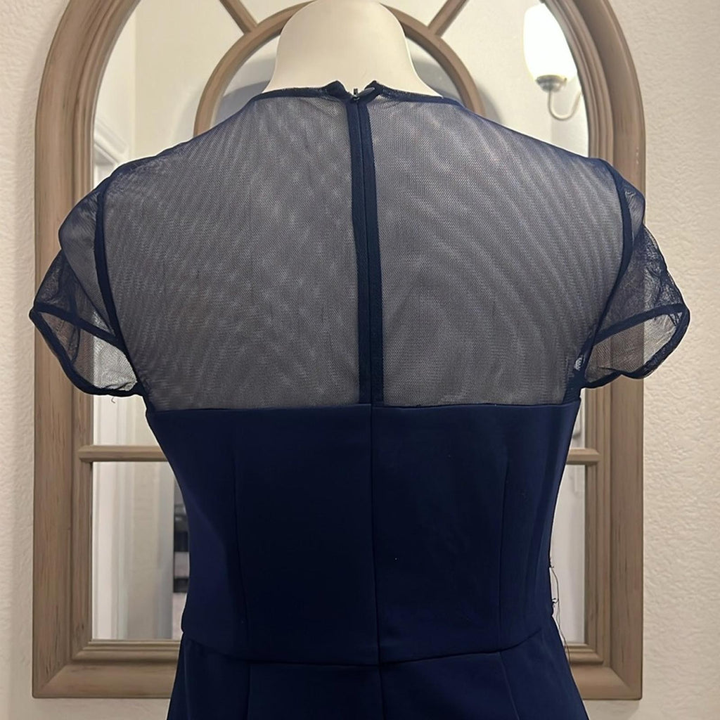 JS Collection Short Sleeve Illusion Cocktail Sheath Dress Navy Size 2 NWT $178