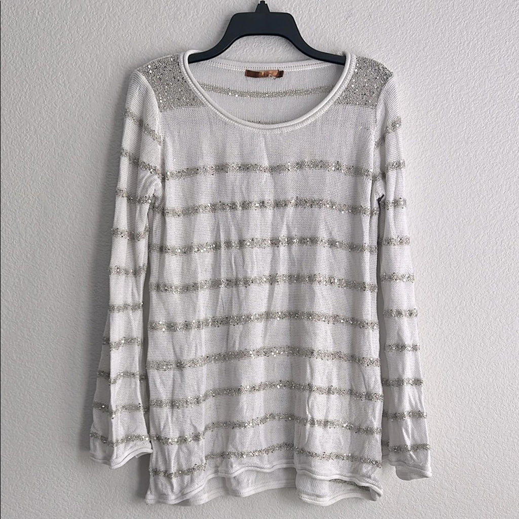 Belldini Elegant White/Silver Sequined Striped Women's Sweater Size XL EXCELLENT