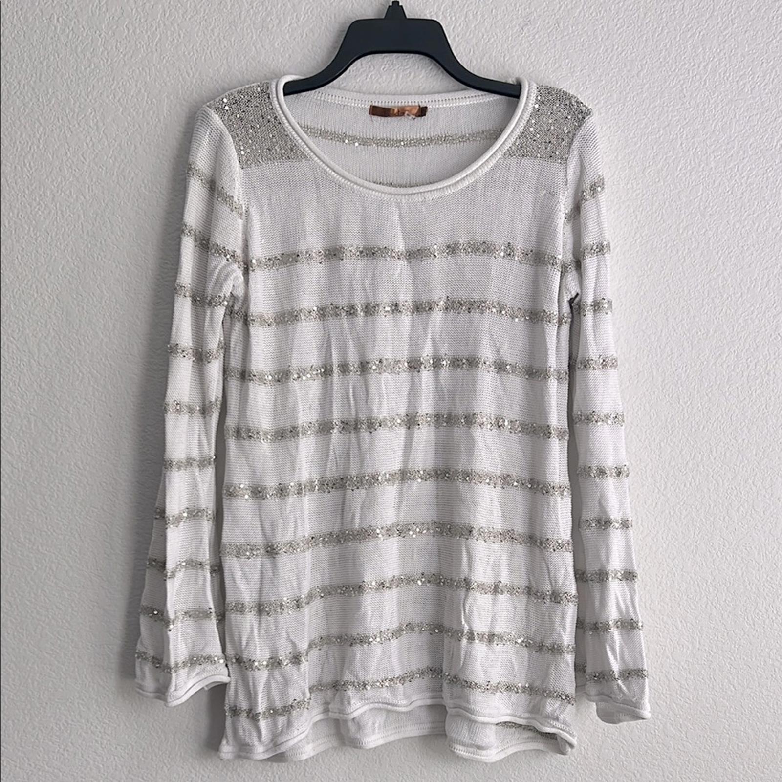 Belldini Elegant White/Silver Sequined Striped Women's Sweater Size XL EXCELLENT