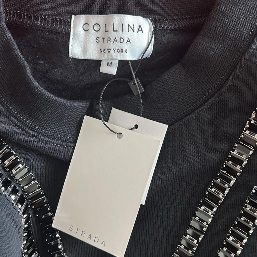 Collina Strada Baguette Crystal Trim Cotton Sweatshirt Tennis Crew Size M NEW