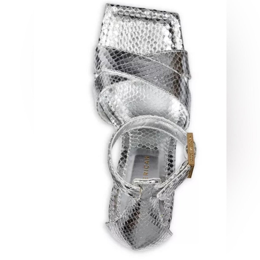 Good American Snake Embossed Platform High Heel Sandals in Silver, 6.5 NWT $185