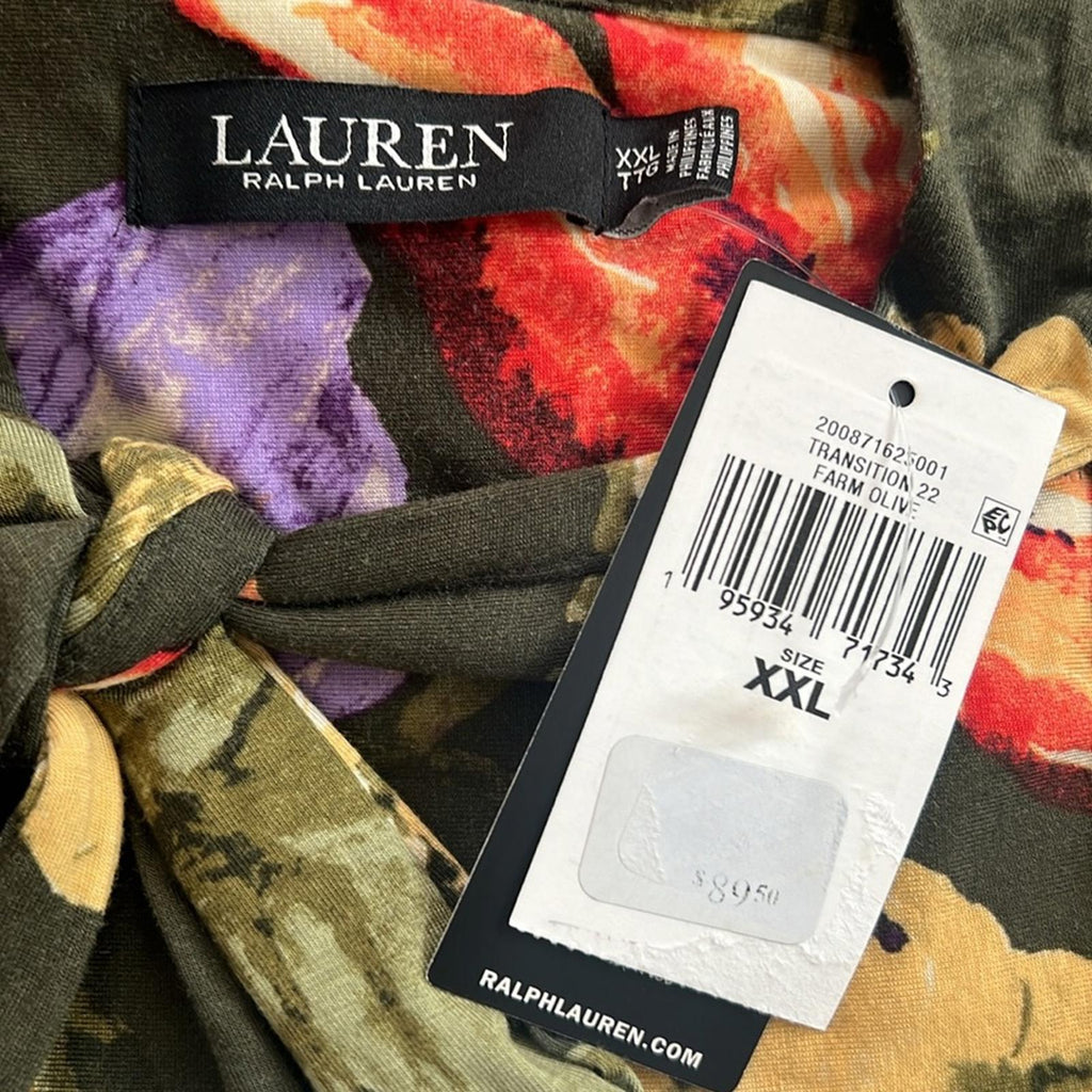 Ralph Lauren Floral Jersey Tie-Neck Blouse in Farm Olive, Plus Size XXL, NWT