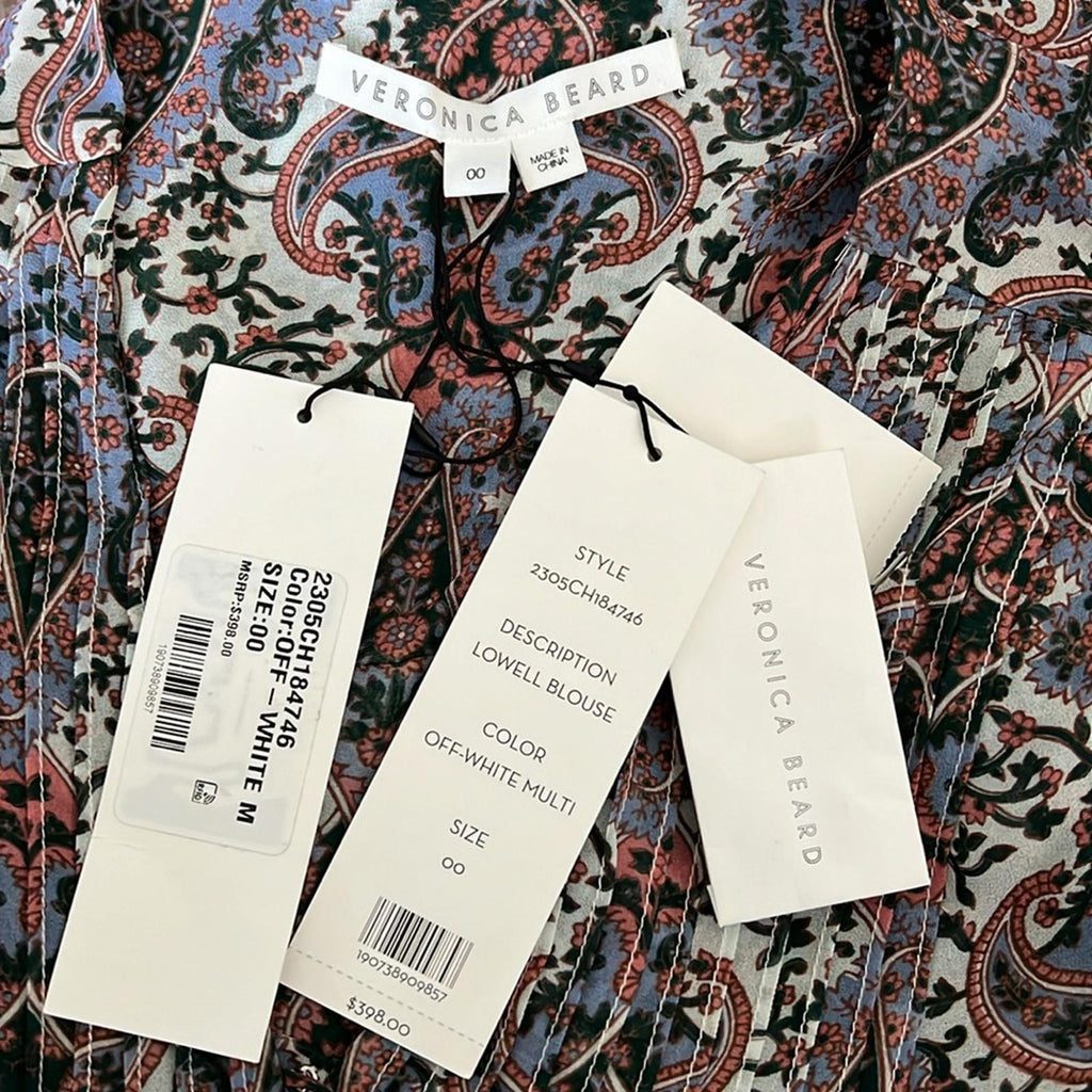 Veronica Beard Lowell Paisley Top, Off-White Multi, Size 00 New w/Tag $398