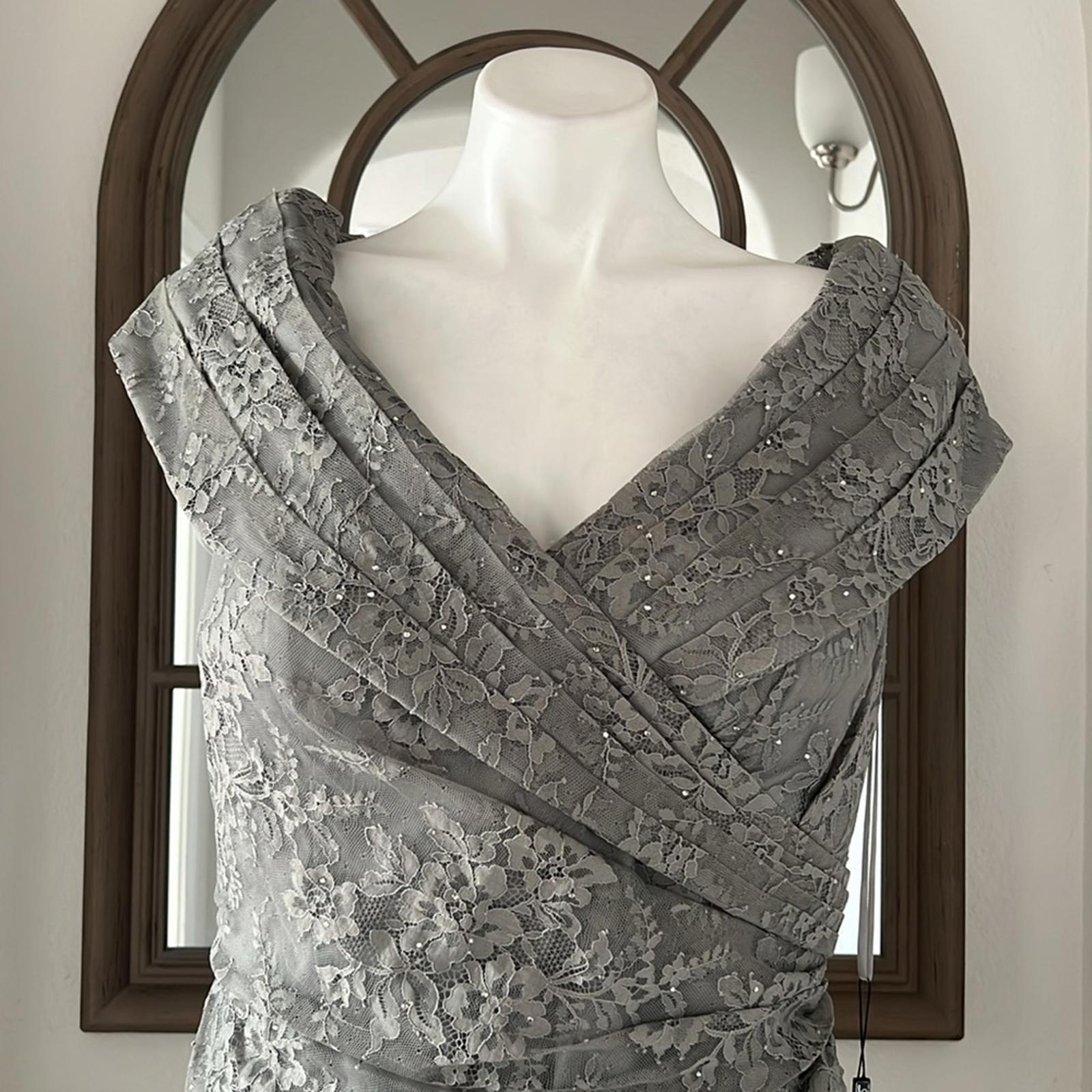 La Femme Lace Off the Shoulder Cap Sleeve Evening Dress in Platinum Size 16 NWT