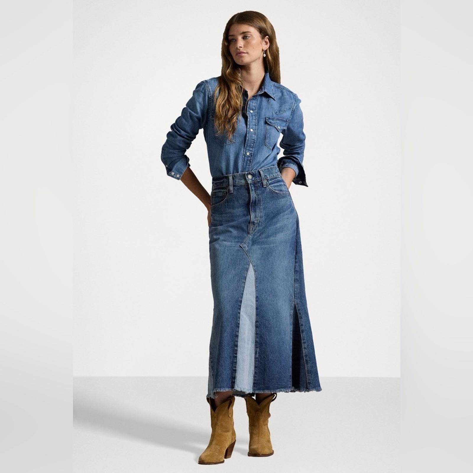 Polo Ralph Lauren Deconstructed Patchwork Denim Midi-Skirt in Blue, Size 28, NEW