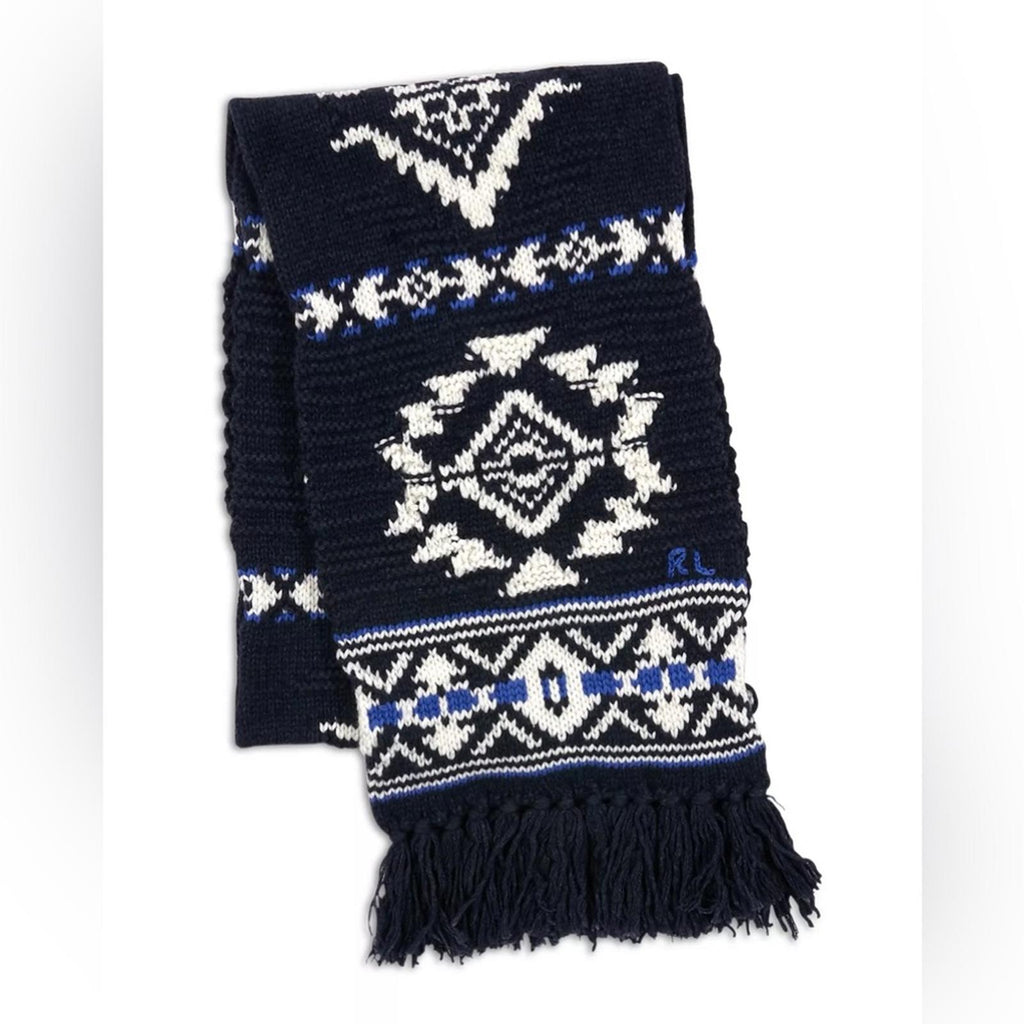 Polo Ralph Lauren Wool & Nylon Geometric Ski Scarf, Navy One Size New with Tag