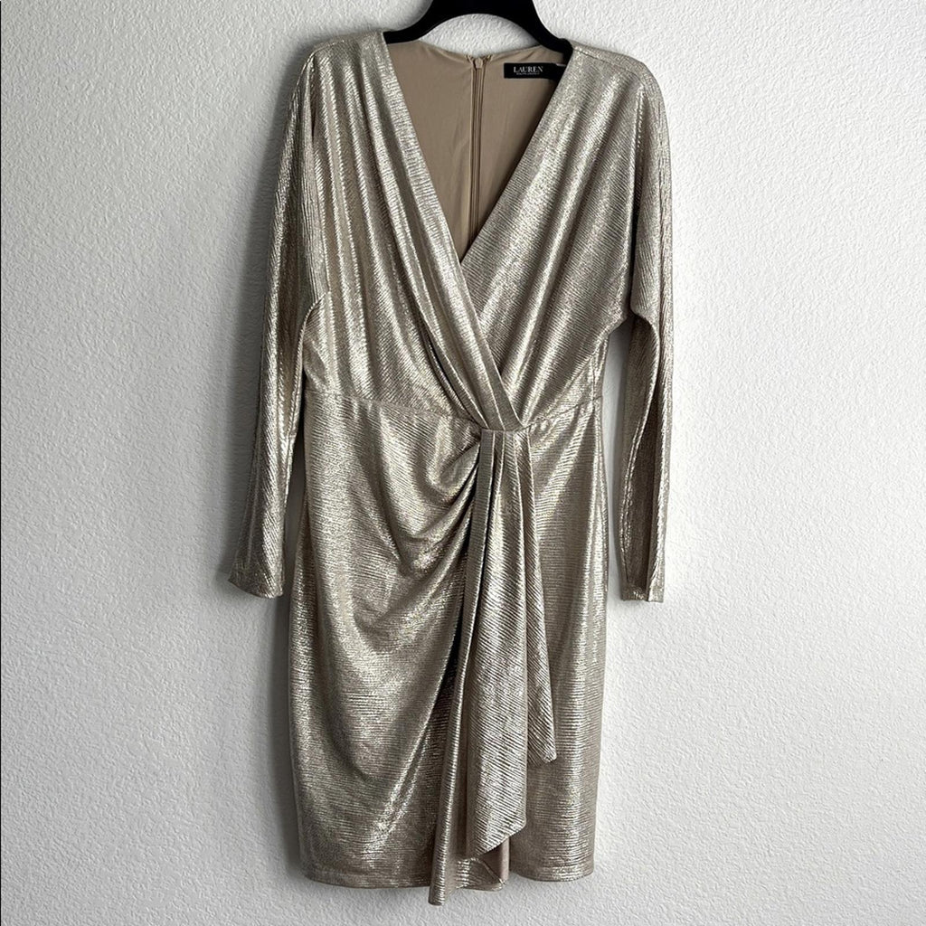 Lauren Ralph Lauren Metallic Stretch Knit Cocktail Dress in Tan/Gold, Size 8 NWT