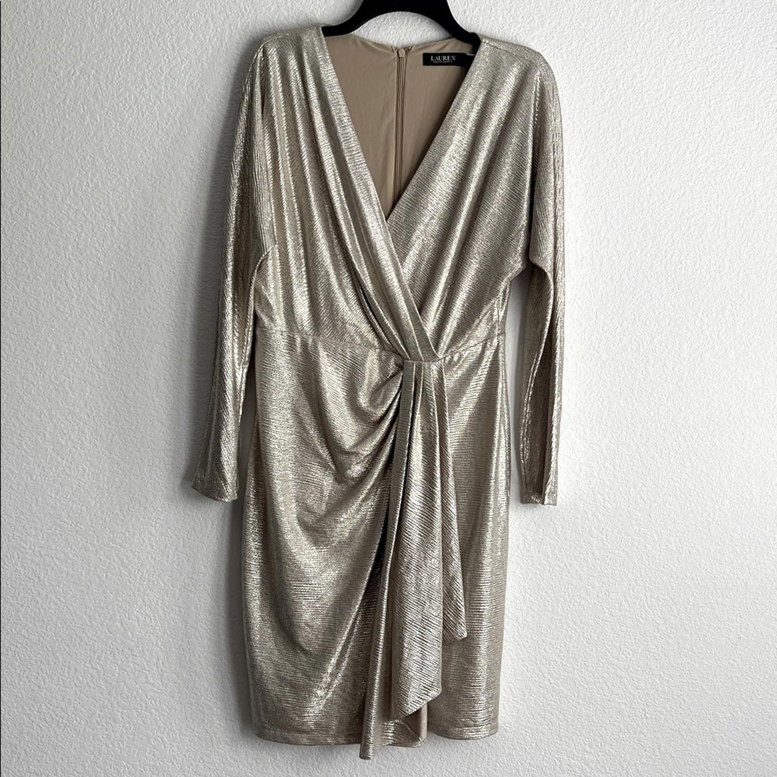 Lauren Ralph Lauren Metallic Stretch Knit Cocktail Dress in Tan/Gold, Size 8 NWT