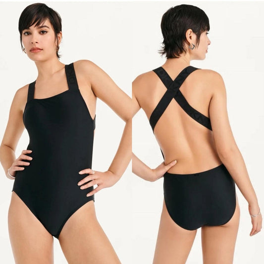 DKNY Logo Cross-Back One-Piece Swimsuit in Black, Size L NEW w/Tag $108