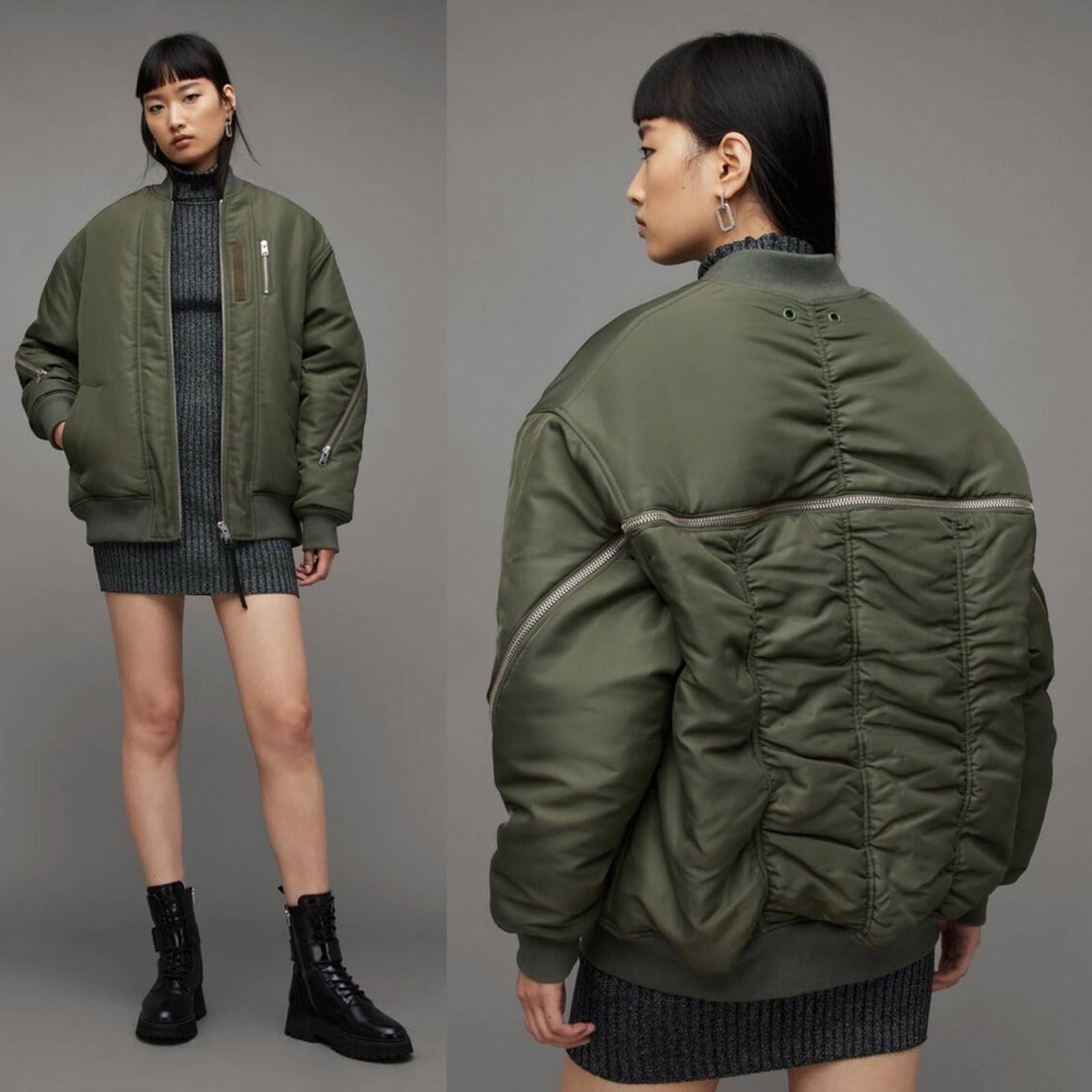All Saints Scout Ruched Bomber Jacket in Khaki Green, Size L New w/Tag