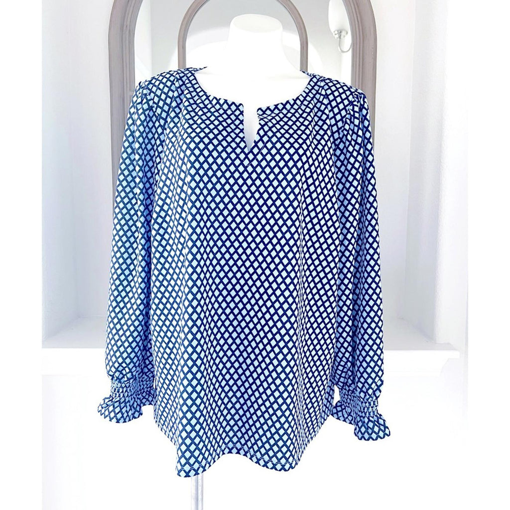 Talbots Smocked Cuff Blouse Trellis Print in Blue, Plus Size 3X NEW w/o Tag
