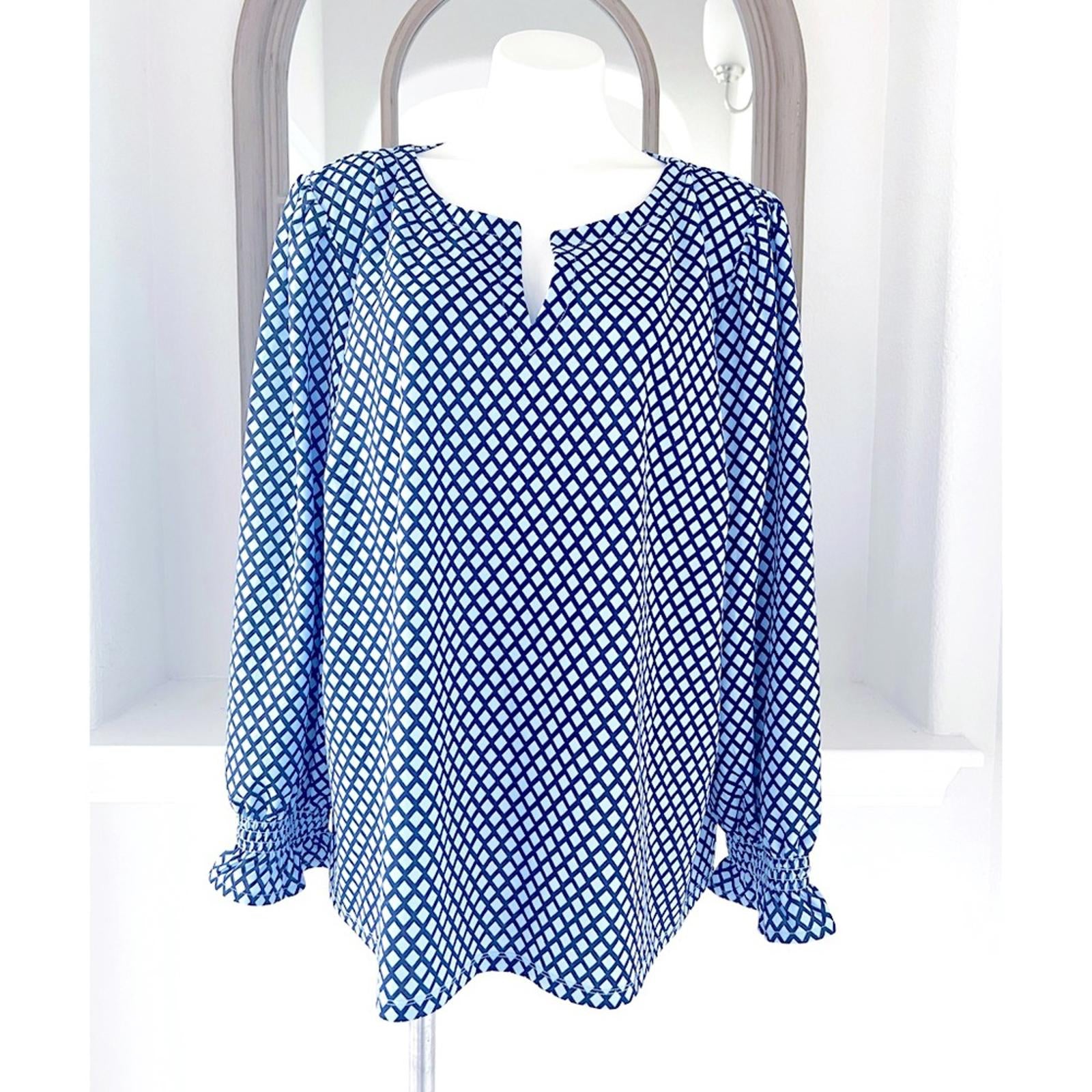 Talbots Smocked Cuff Blouse Trellis Print in Blue, Plus Size 3X NEW w/o Tag