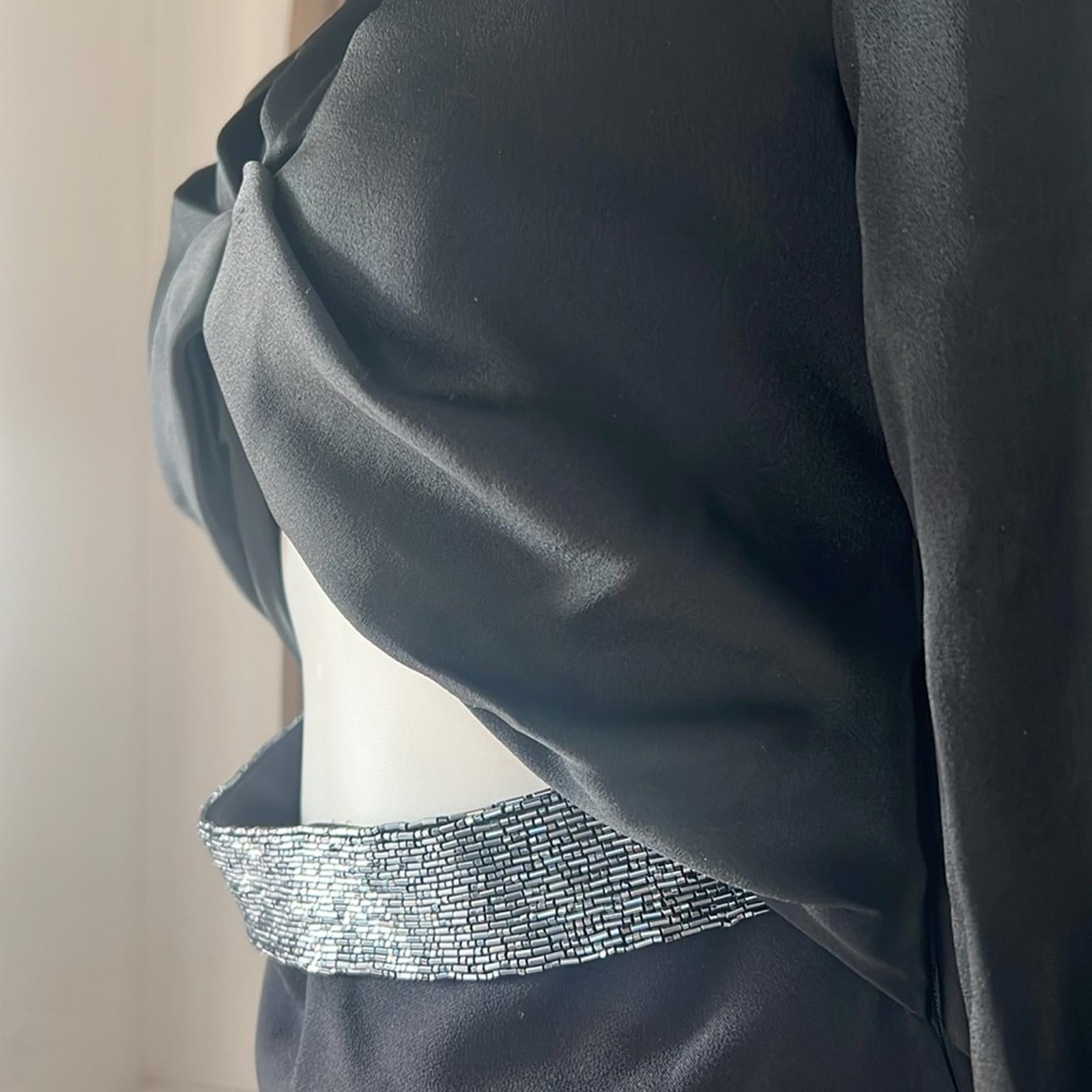 Safiyaa BLACK Cutout Beaded Belt Gown with Gun Metal, Size FR42 US10 NWT $2,615