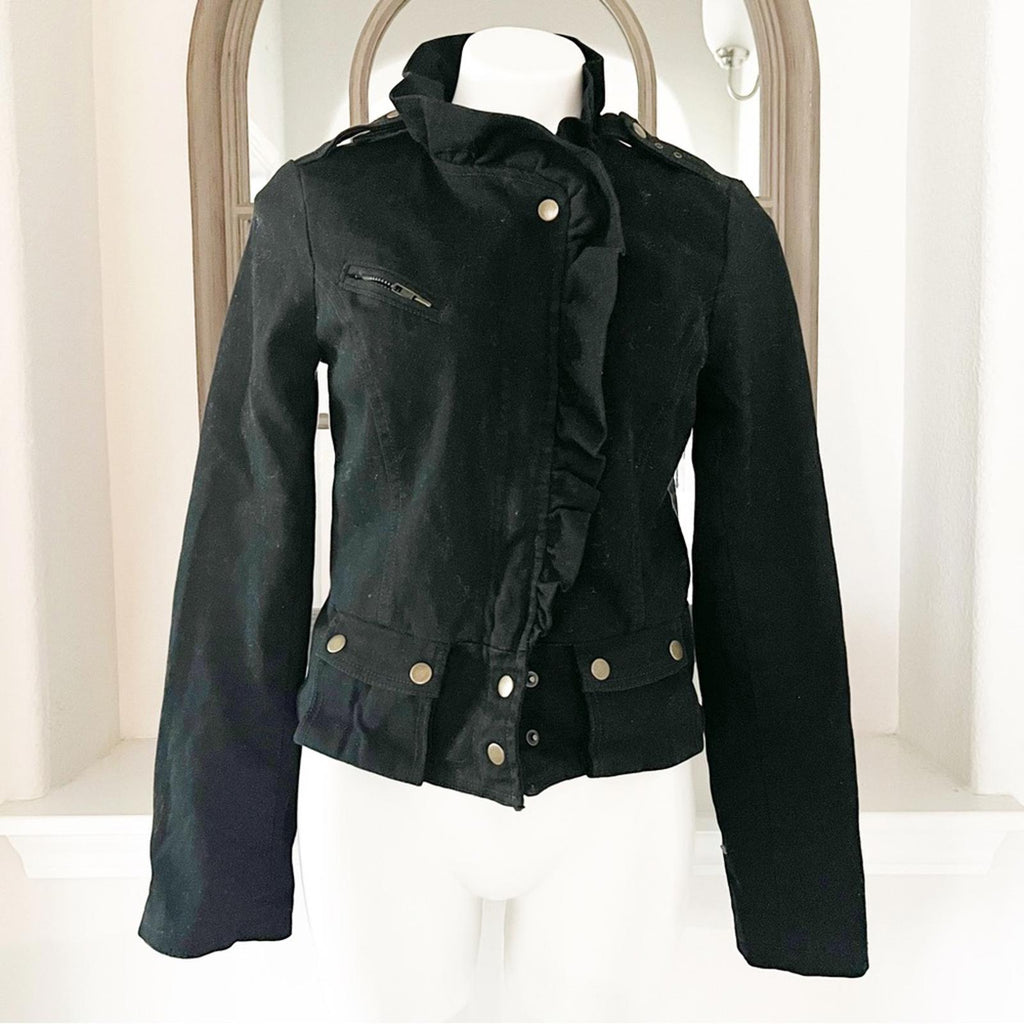 Anthropologie’s Sanctuary Ruffle Collar Denim Moto Jacket, Black Size S