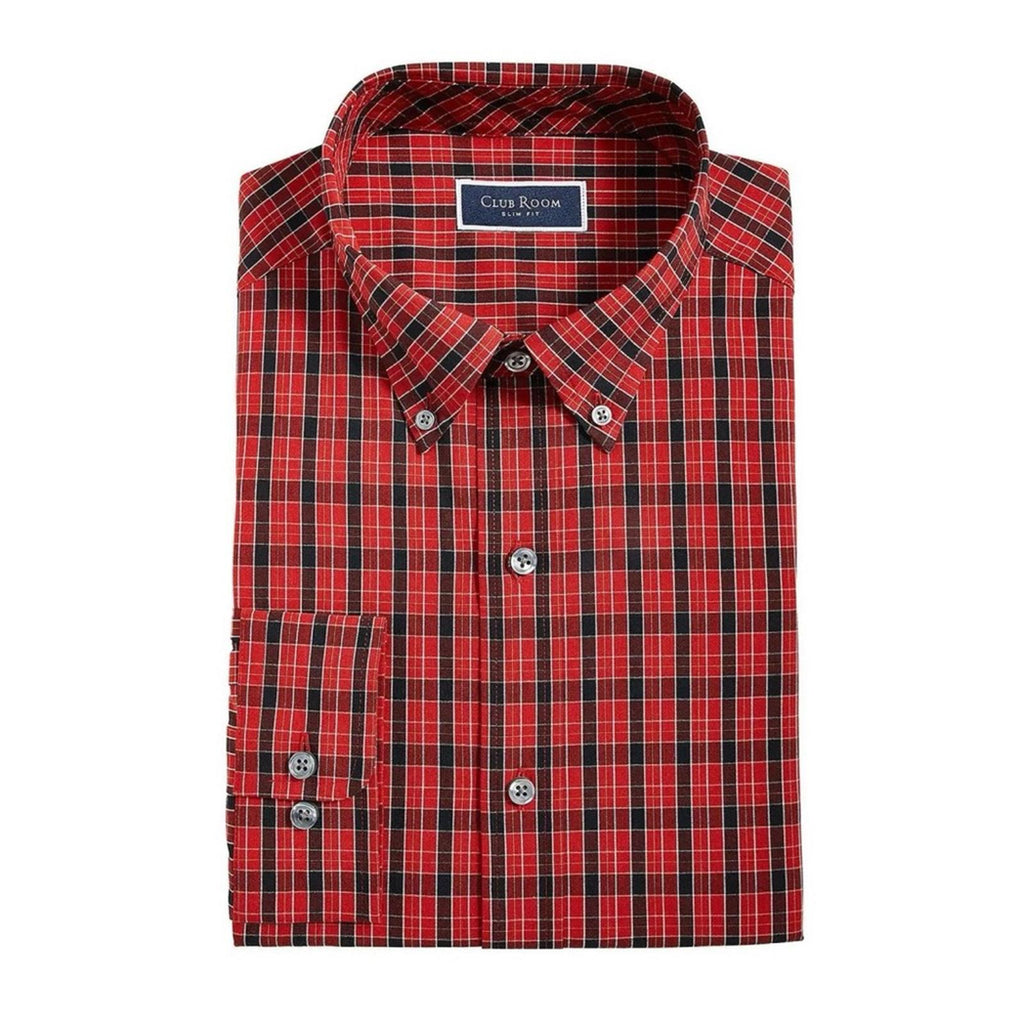 Club Room Men's Slim Fit Plaid Dress Shirt in Red/Black, NWT, Size S