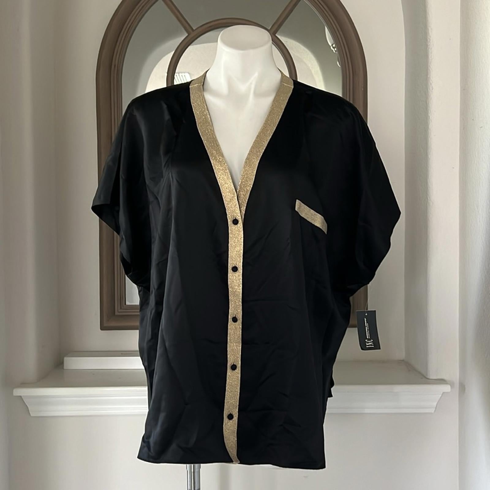 INC Metallic Tuxedo Stripe Satin Pajamas Set in Deep Black, Plus Size 3X NWT