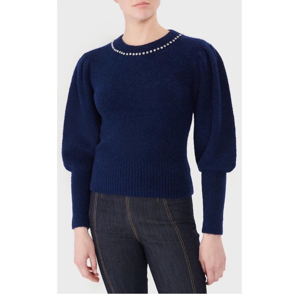 Cinq à Sept Dara Embellished Wool Sweater, Midnight Blue Size XL NEW w/Tag $325