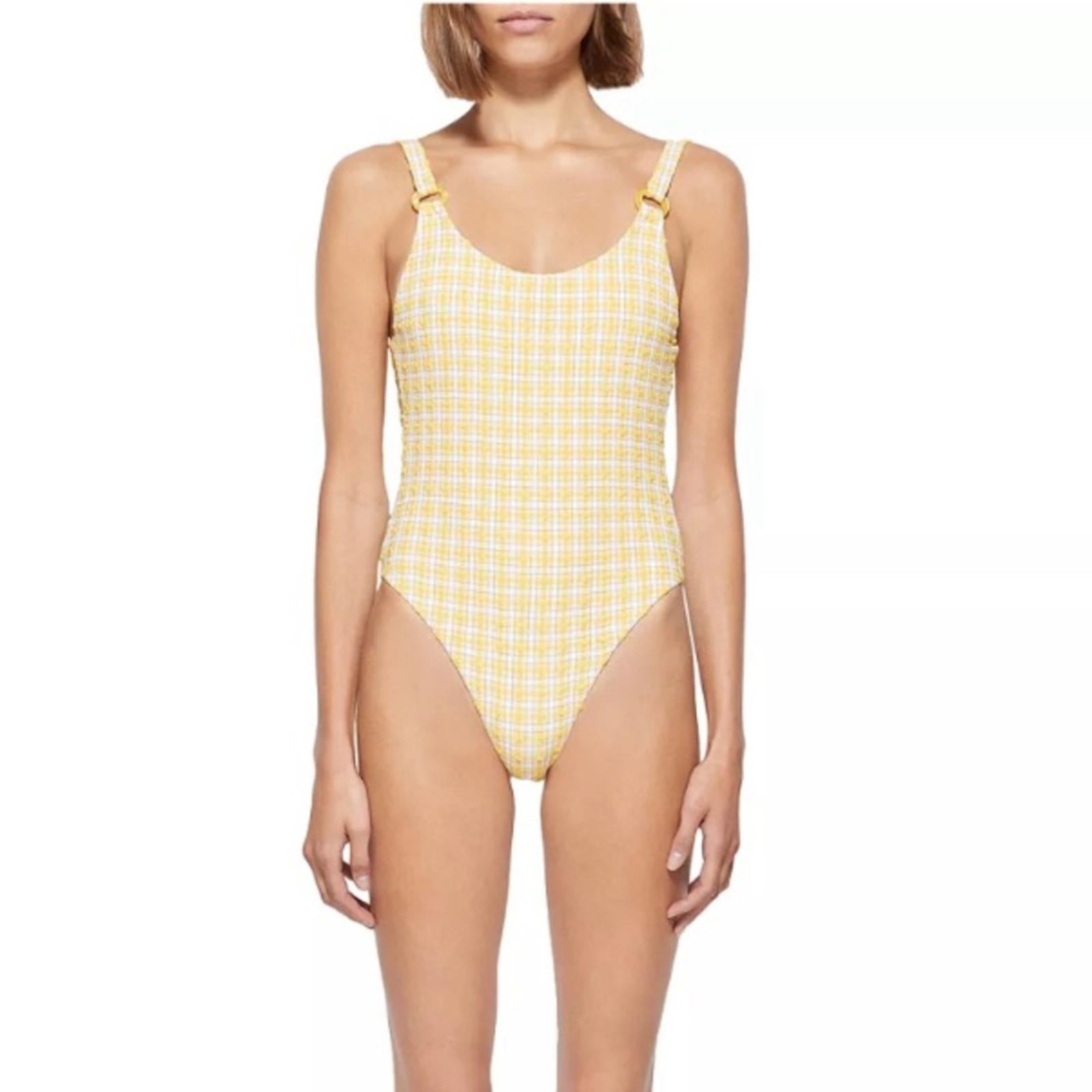 Jonathan Simkhai Rosabel Seersucker Swimsuit, Plaid Daffodil, Size L NWT $275