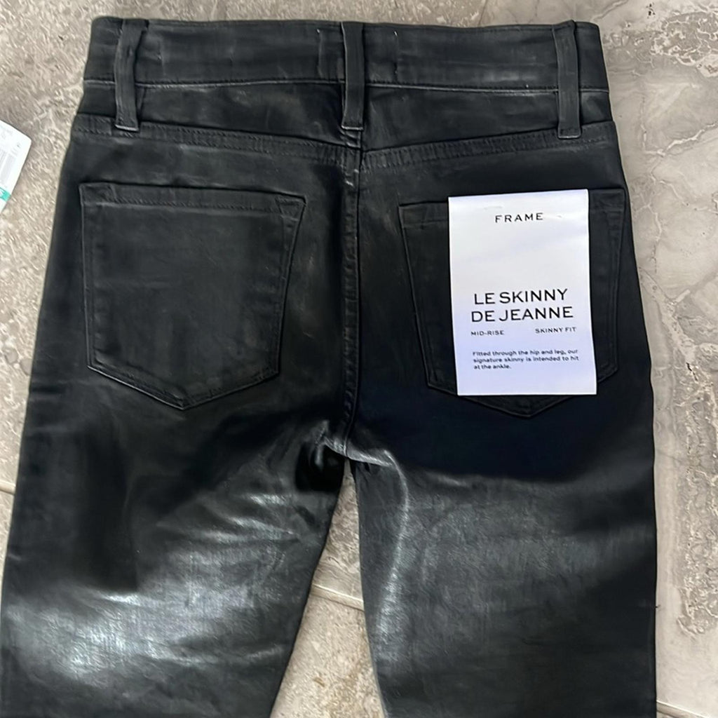 FRAME Le Skinny De Jeanne Jeans in Noir, Coated Denim Size 25 New w/Tag $238