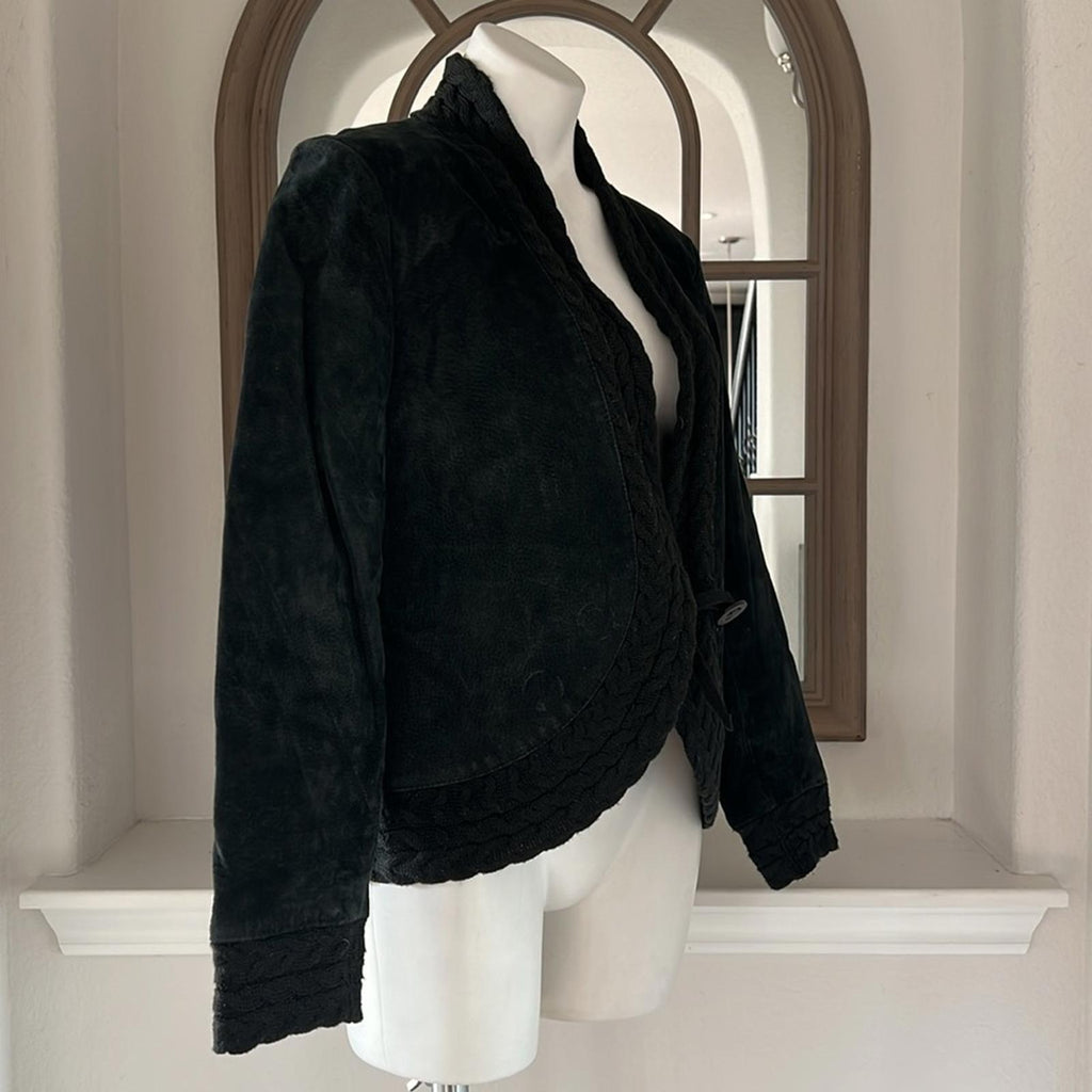 Coldwater Creek Black Suede Leather Jacket Cable Knit, Size M EXCELLENT!