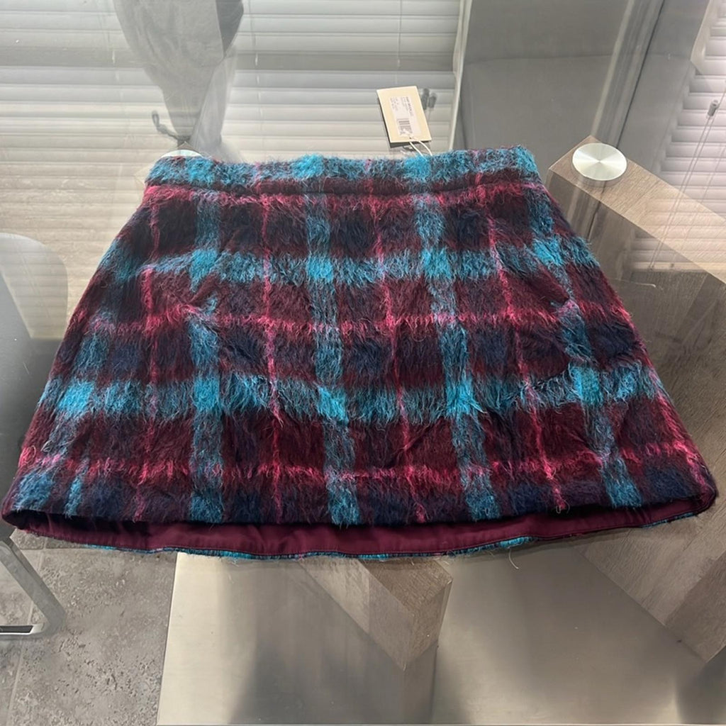 Ramy Brook Cienna Plaid Wool Blend Skirt Sangria/Gemstone Size 10 New w/Tag