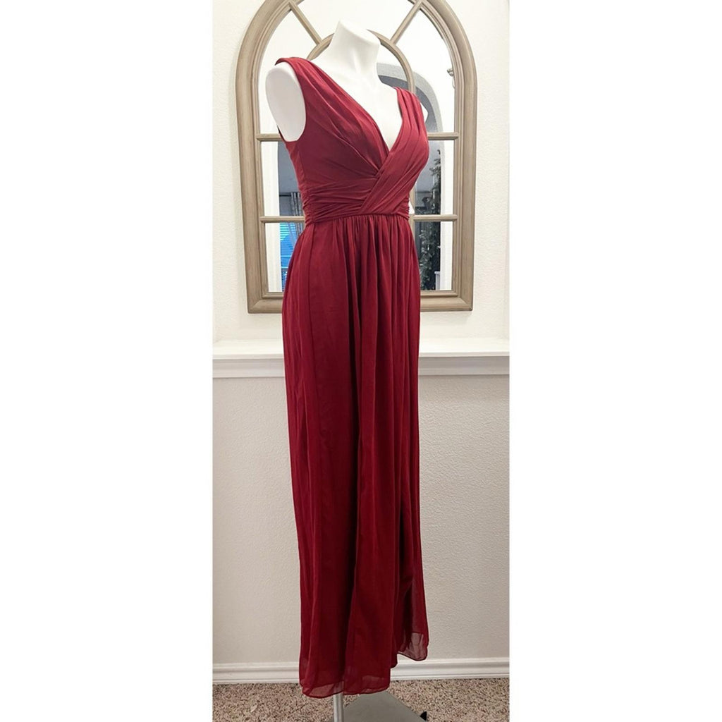Dessy Floor Length Chiffon Shirred Skirt V-Neck Draped Dress in Burgundy Size 2