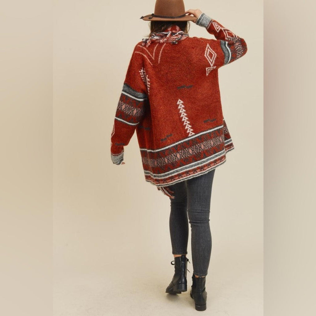 Doe & Rae Aztec Open Front Fringe Cardigan Sweater Brown Multi Size L EXCELLENT!