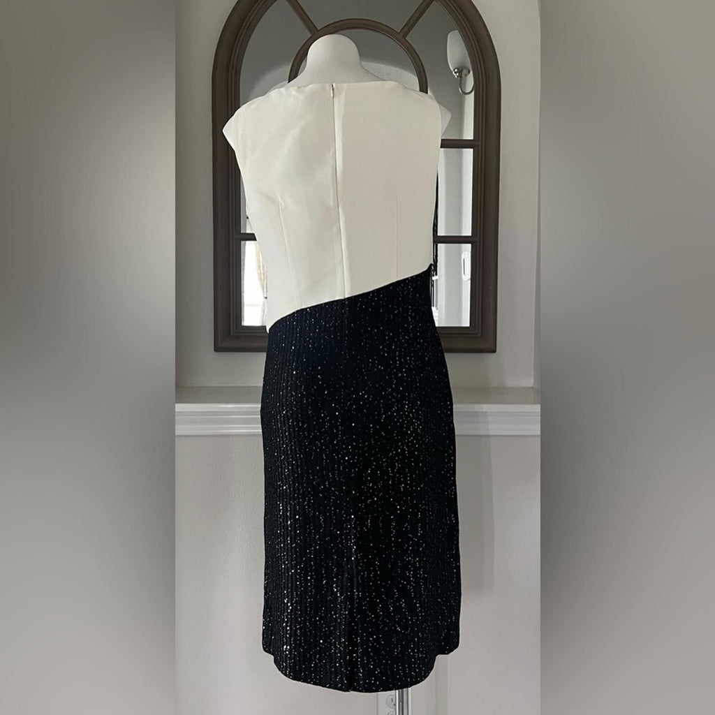 St. John Colorblock Tuxedo Bodice Dress w/Sequin Ribbed Knit, Size 10 NWT $1395