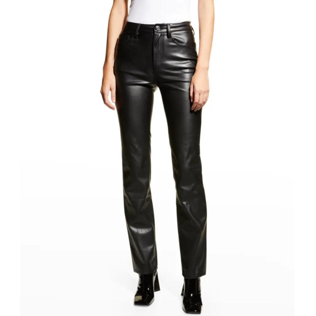 Staud Chisel Vegan Leather Straight-Leg Pants, Black High Waist Size 12 NEW $350