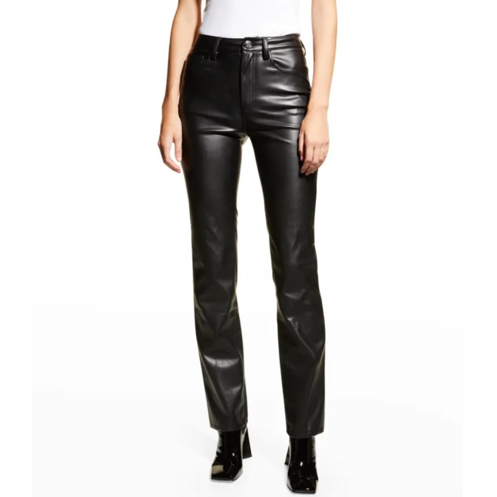 Staud Chisel Vegan Leather Straight-Leg Pants, Black High Waist Size 12 NEW $350