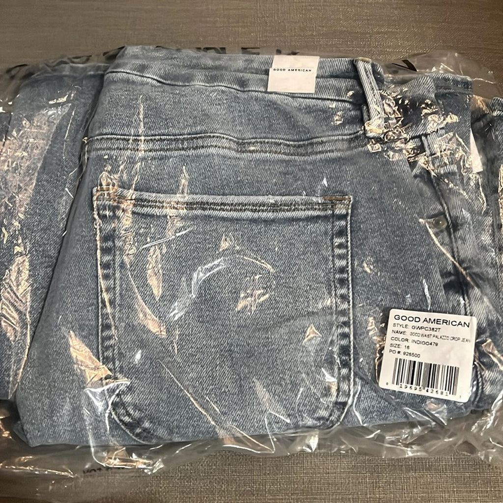 Good American High Rise Cropped Wide Leg Jeans in Blue Indigo, NWT, Size 16