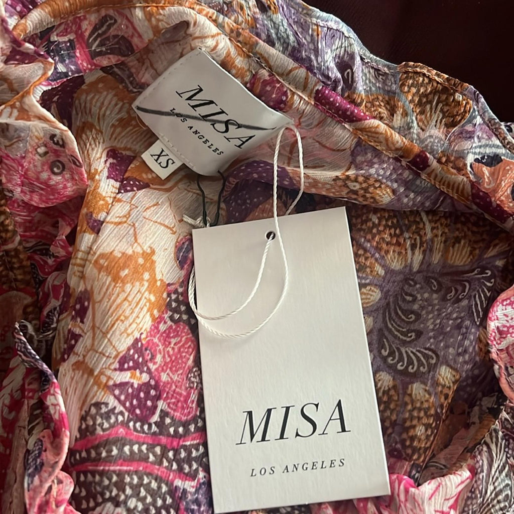 MISA Ilya Split-Neck Tiered Midi Dress, Boho Maxi Size XS New w/Tag $430