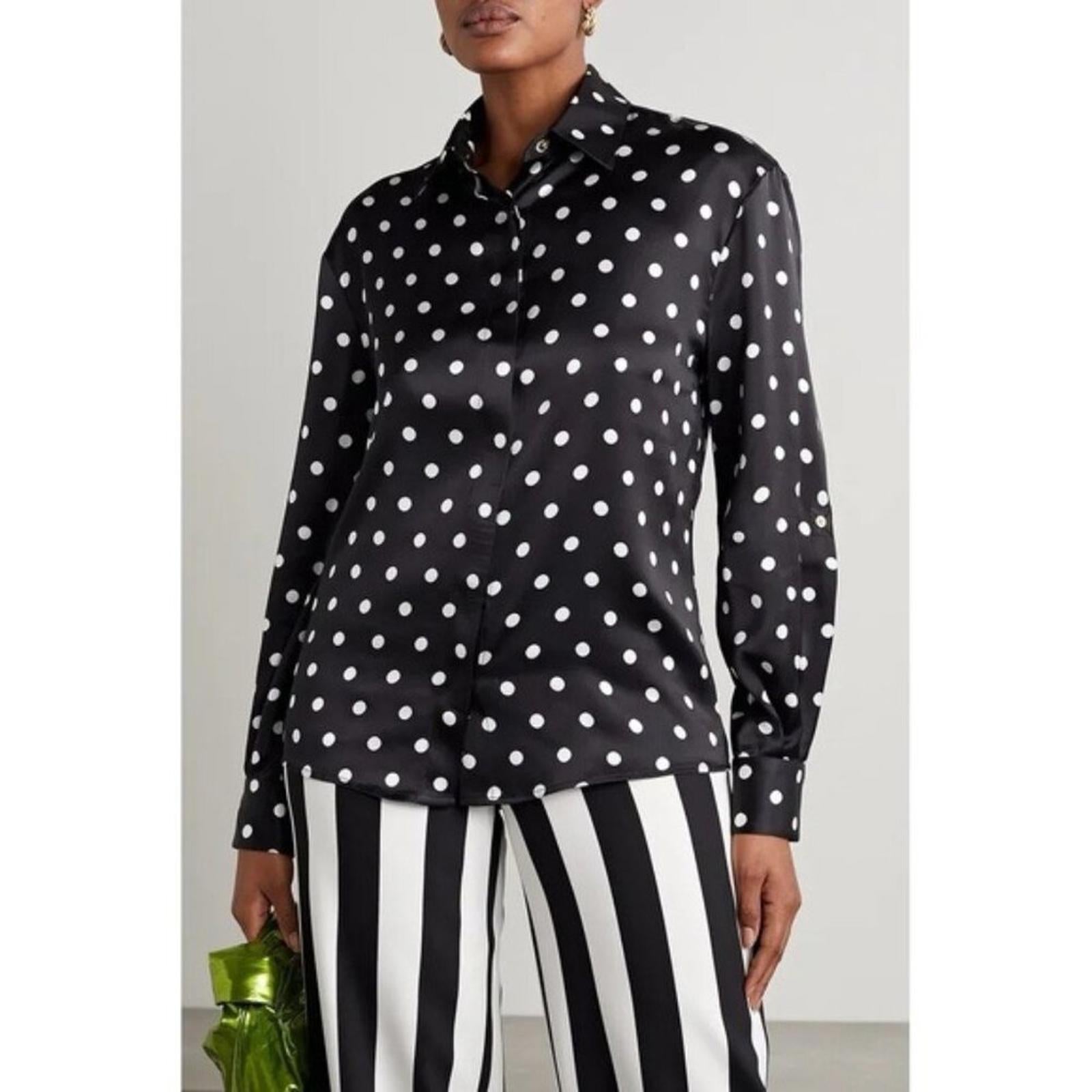 Sergio Hudson Polka Dot Silk Charmeuse Button-Up Blouse, Black/White XS NWT $795