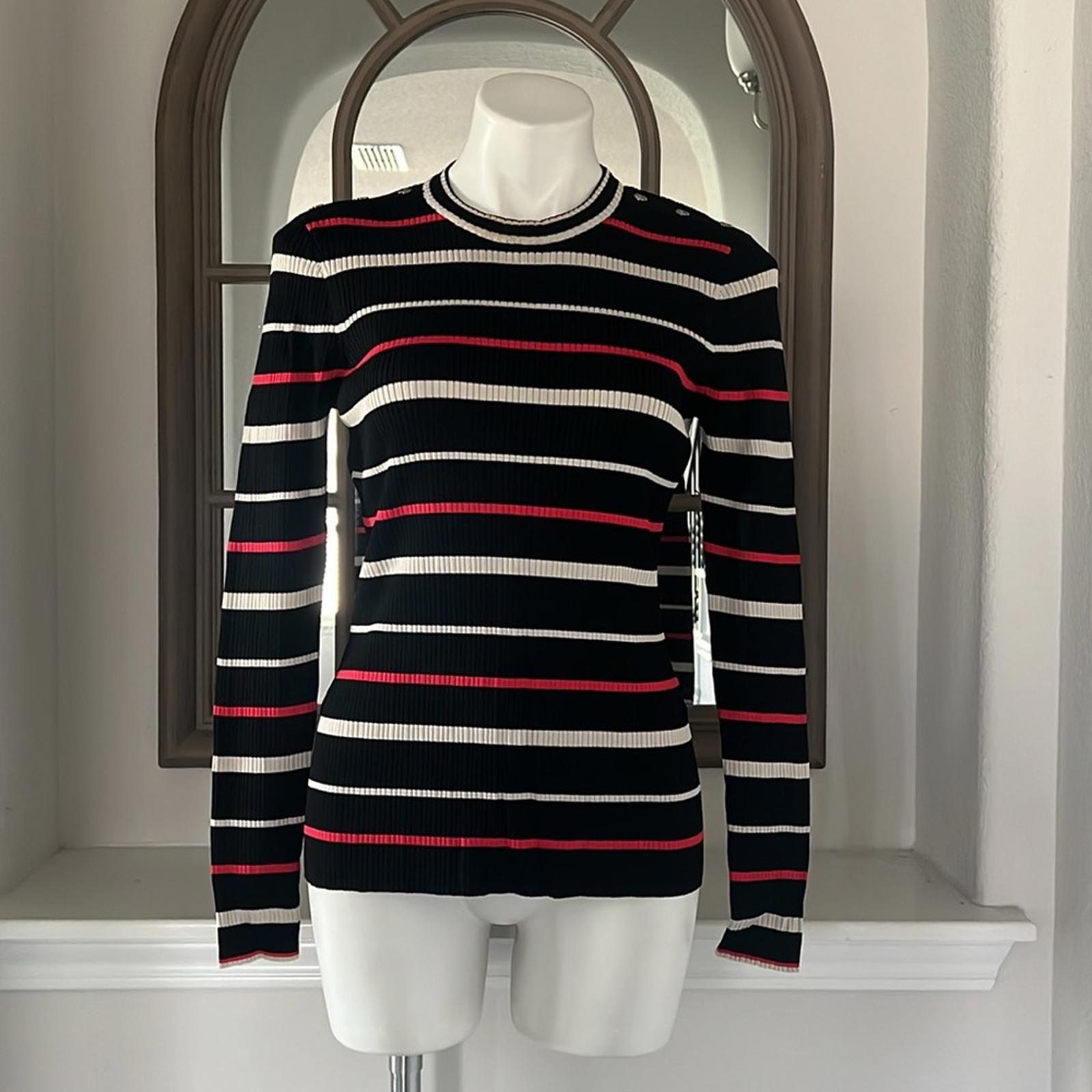 ST JOHN Stripe Crewneck Sweater, Cavair/Tikka Red Multi Size M New w/Tag