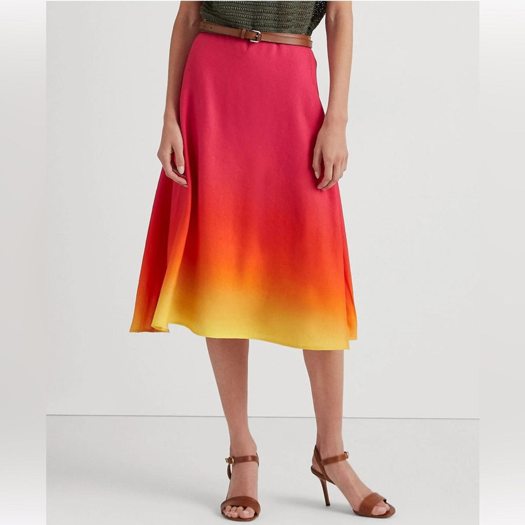 Lauren Ralph Lauren Pink Ombré Linen Blend Midi Skirt, NWT, Size 14