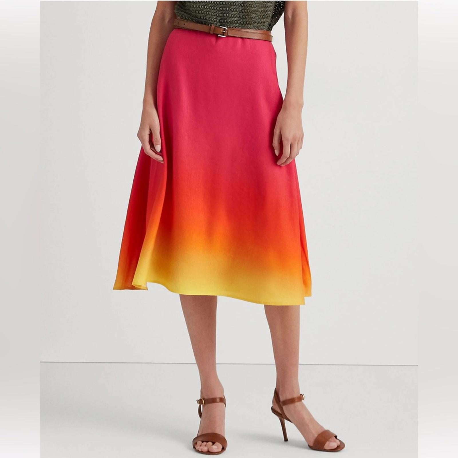 Lauren Ralph Lauren Pink Ombré Linen Blend Midi Skirt, NWT, Size 14