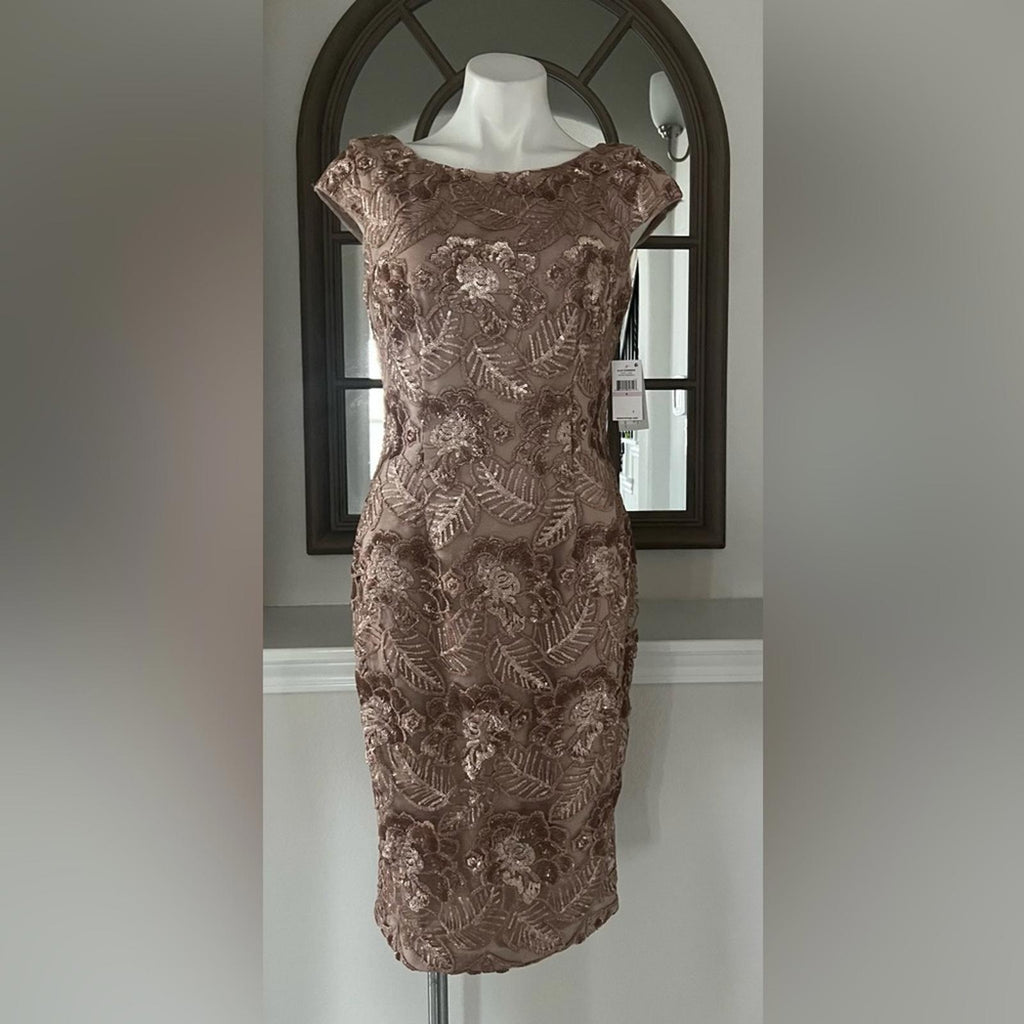 Alex Evening Floral Embroidered Cocktail Sheath Dress in Rose Gold, Size 6 NWT
