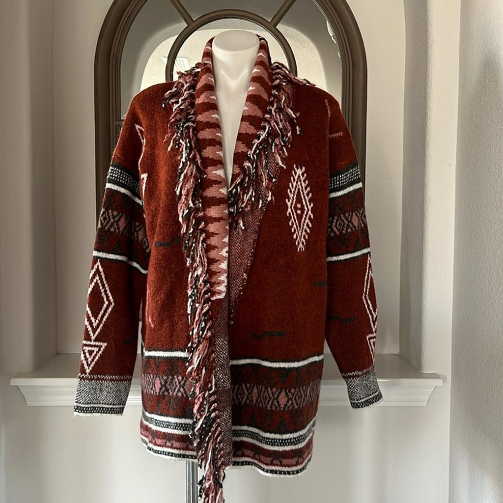 Doe & Rae Aztec Open Front Fringe Cardigan Sweater Brown Multi Size L EXCELLENT!