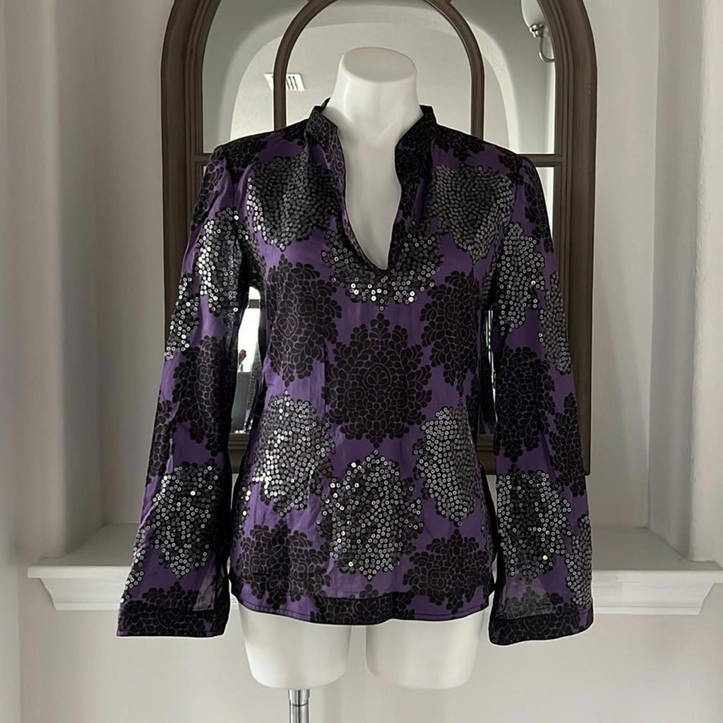 Tory Burch Black Flowers Blouse, Tunic in Purple Grey Size 8