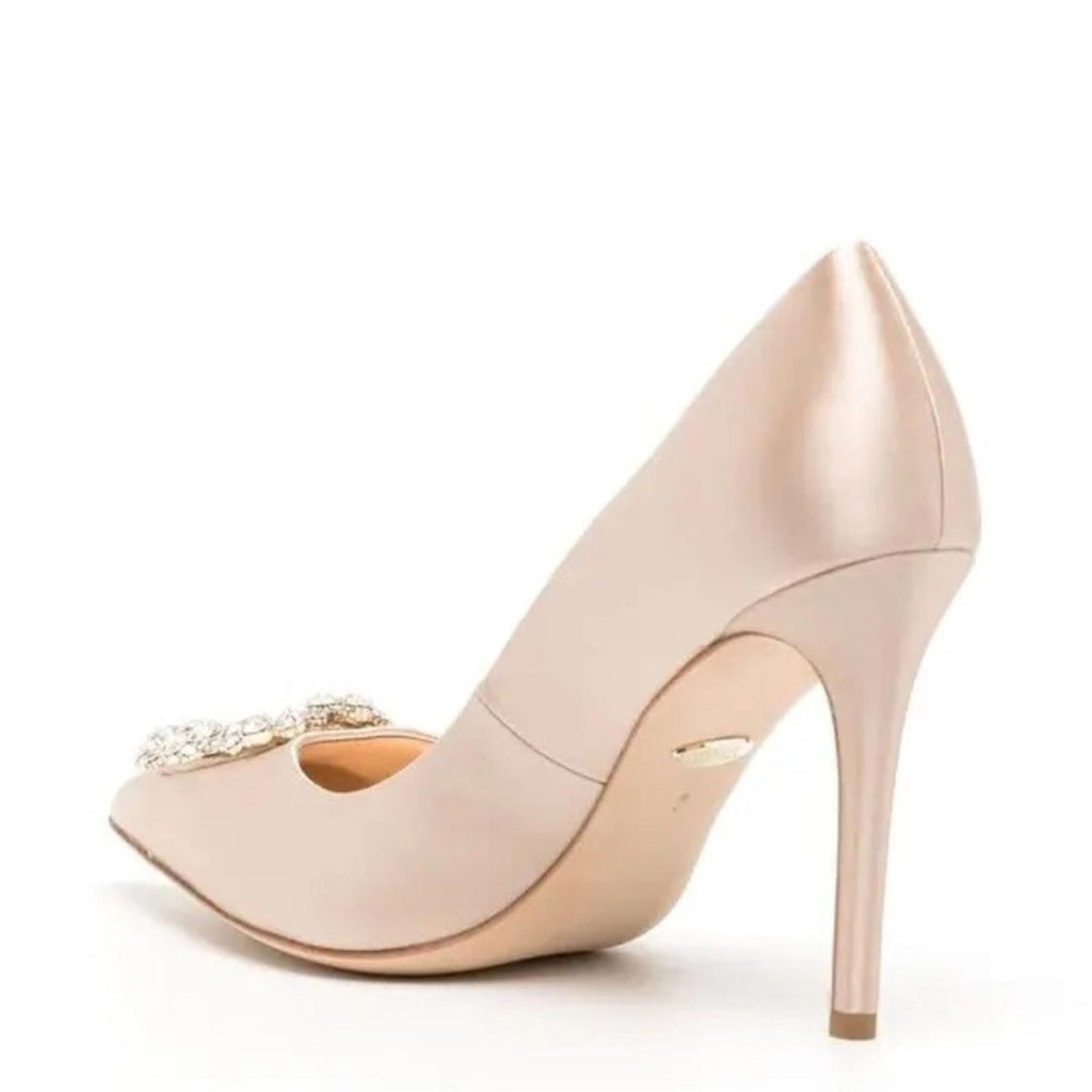Badgley Mischka NUDE 110mm Crystal-Embellished Satin Buckle Pumps, Size 8 NEW