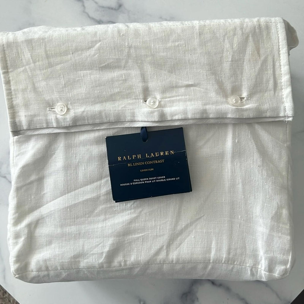 Ralph Lauren RL Linen Contrast Full/Queen Duvet Cover in White Pebble, NWT $500